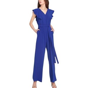 Tahari Elegant Royal Blue Wide Leg Ruffle Trim Women's‎ Jumpsuit Size 6